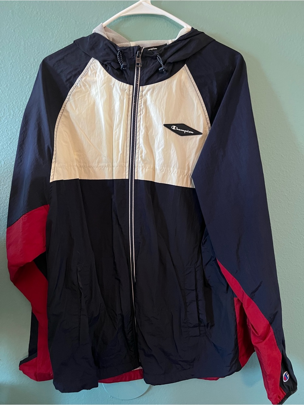 Champion Navy, White & Red Colorblock Hooded Windbreaker